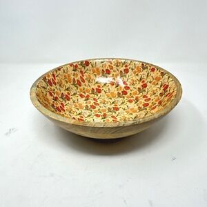 Floral Inlay Mango Wood Decorative Serving Bowl Yellow Boho Farmhouse Cottage